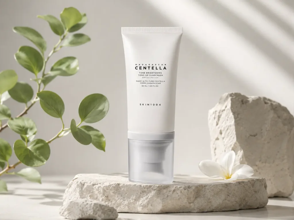 SKIN1004 Madagascar Centella Tone Brightening Sunscreen SPF 50 PA++++ for sensitive skin on a minimalist display
