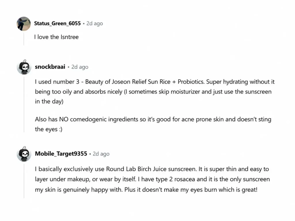 Reddit users discuss the best Korean sunscreen for sensitive skin, recommending lightweight sunscreen for face and acne-prone skin