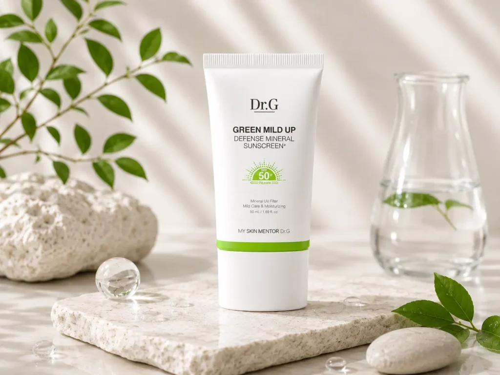 Dr.G Green Mild Up Defense Mineral Sunscreen SPF 50+ PA++++, a non-irritating Korean sunscreen for sensitive skin