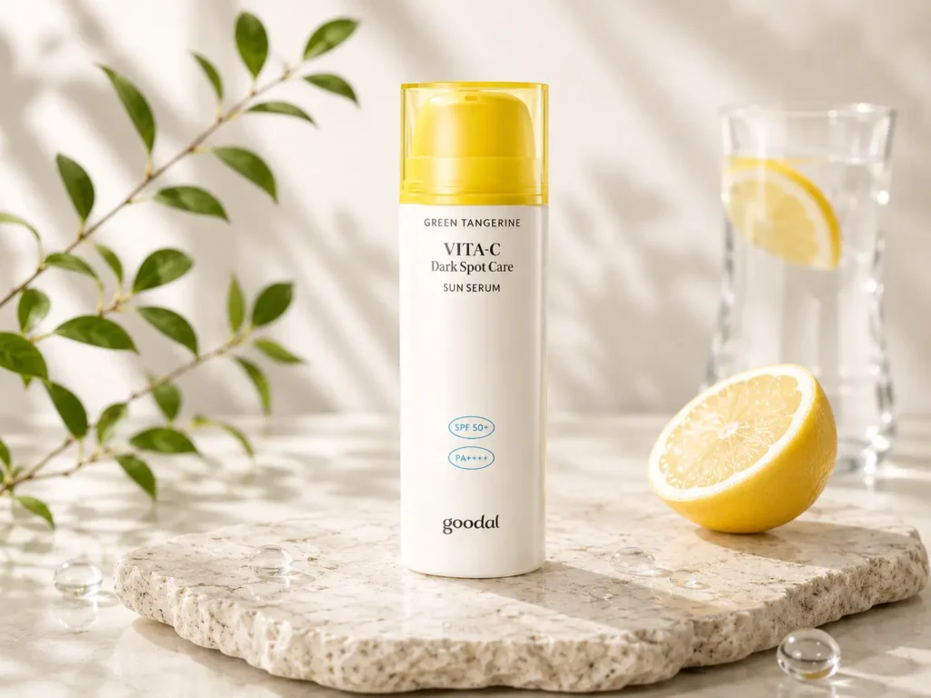Goodal Green Tangerine Vita-C Sun Serum SPF 50+ PA++++, a lightweight Korean sunscreen for sensitive skin