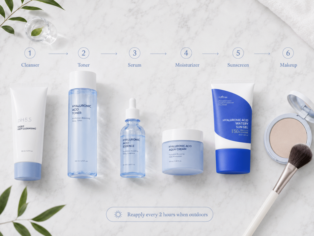 Isntree Hyaluronic Acid Watery Sun Gel SPF50+ PA++++ in a Korean skincare routine with cleanser, toner, serum, moisturizer, and makeup