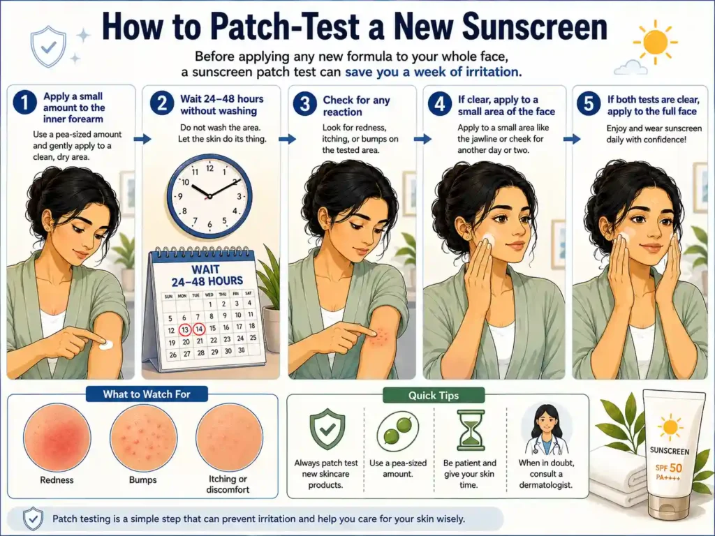 Infographic showing a sunscreen patch test for sensitive skin before using the best Korean sunscreen for sensitive skin