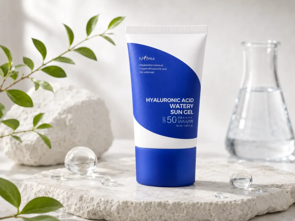 Isntree Hyaluronic Acid Watery Sun Gel SPF 50+ PA++++, a lightweight Korean sunscreen for sensitive skin