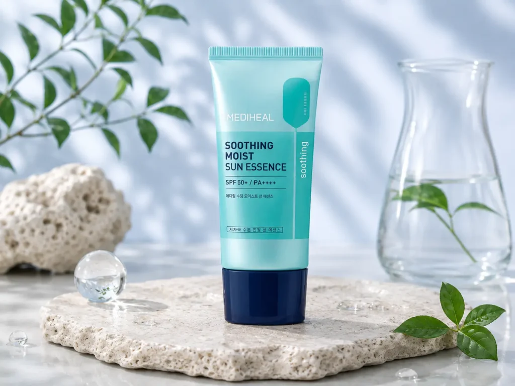 Mediheal Soothing Moist Sun Essence SPF 50+ PA++++, a gentle Korean sunscreen for sensitive skin