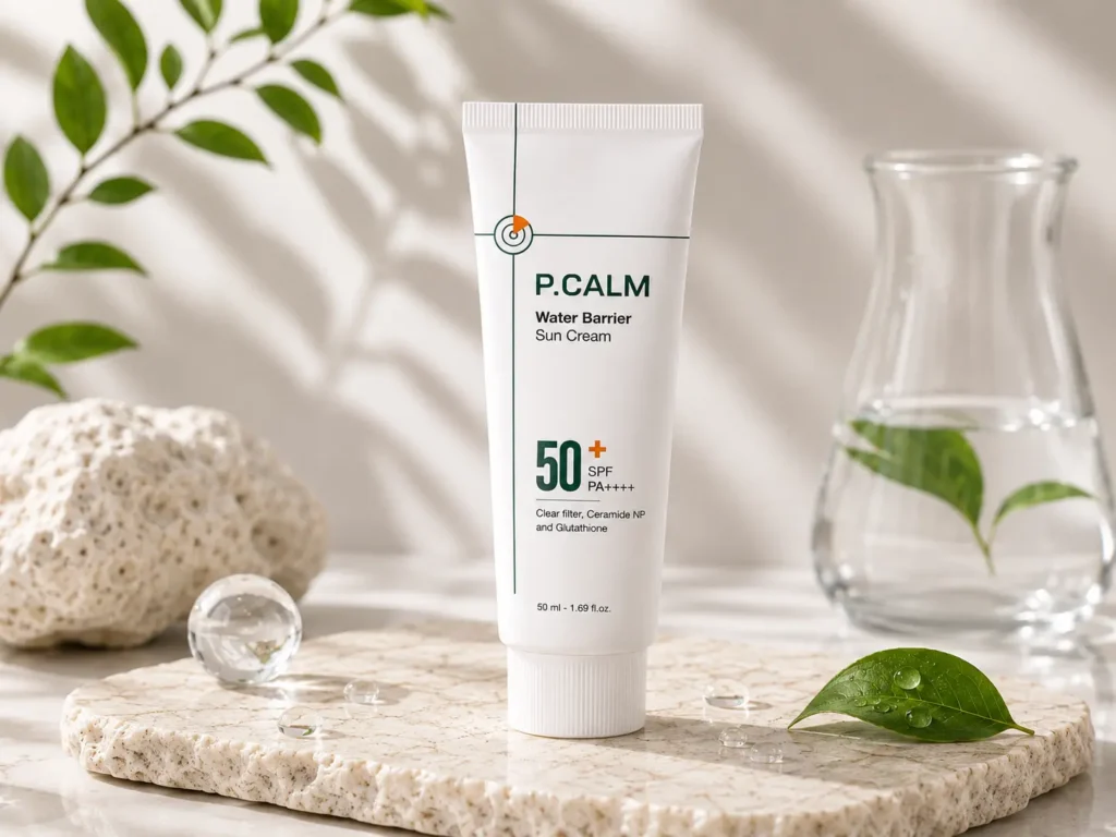 P.CALM Water Barrier Sun Cream SPF 50+ PA++++, a non-irritating Korean sunscreen for sensitive skin