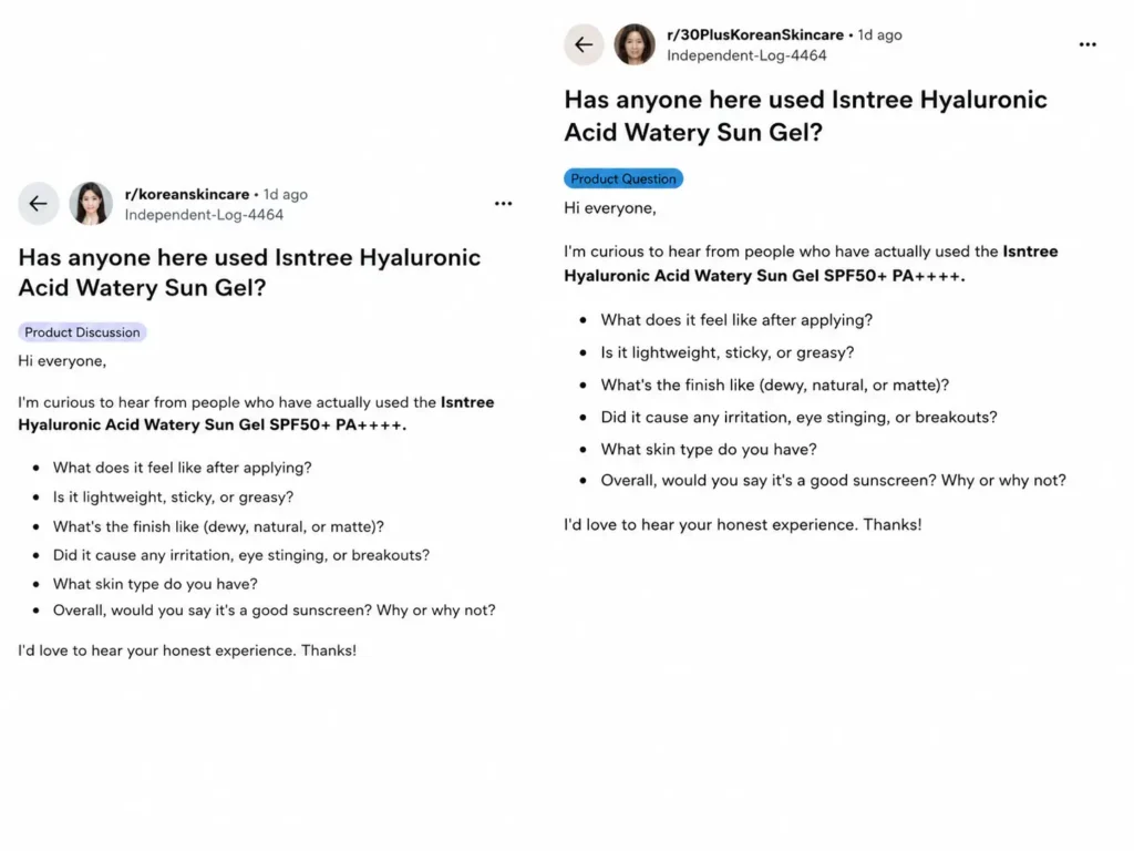 Reddit discussions requesting Isntree Hyaluronic Acid Watery Sun Gel reviews and user experiences with the Korean sunscreen