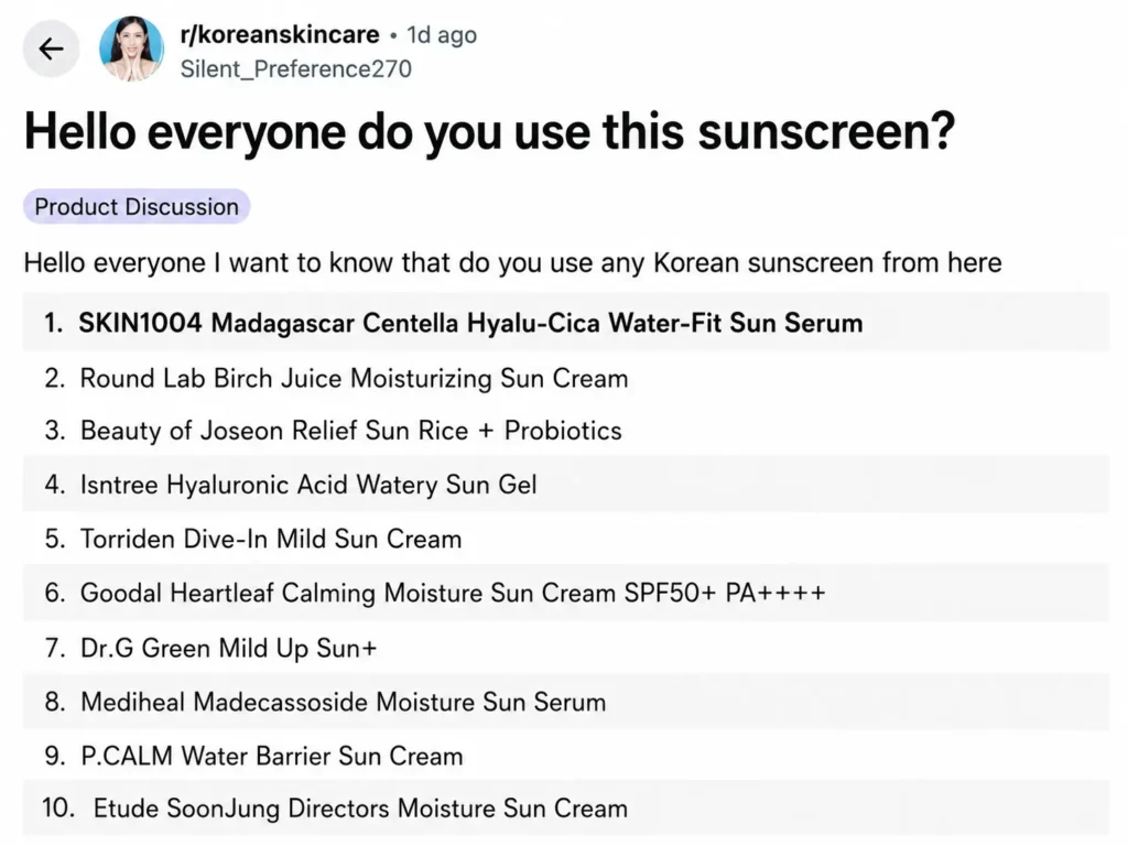 Reddit post asking for the best Korean sunscreen for sensitive skin, listing 10 popular K-beauty sunscreen options