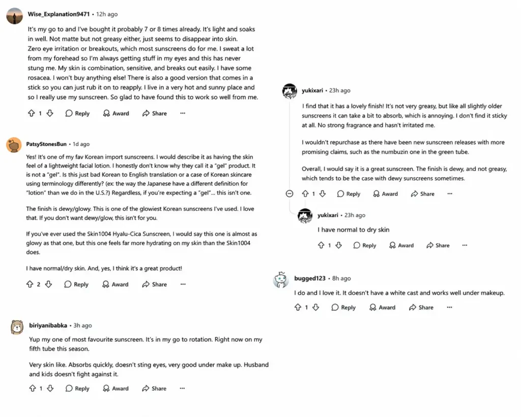 Reddit user reviews praising Isntree Hyaluronic Acid Watery Sun Gel for lightweight feel and no white cast