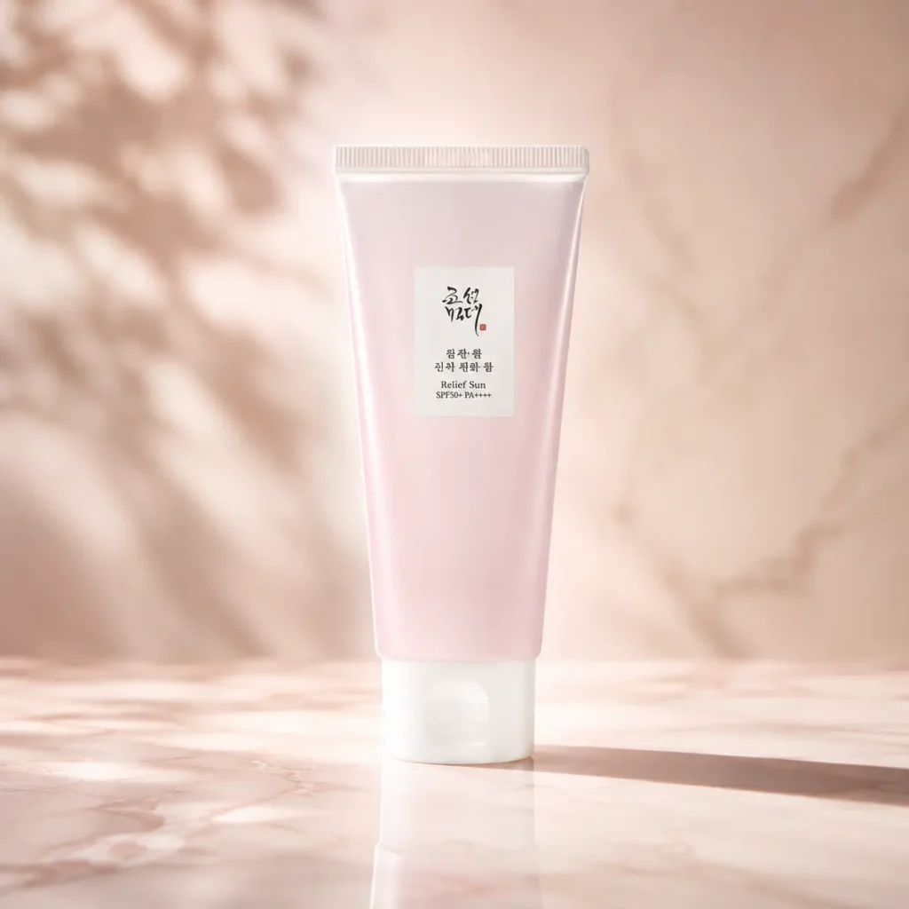 Beauty of Joseon Relief Sun SPF50+ sunscreen in a pink tube on a softly lit marble surface