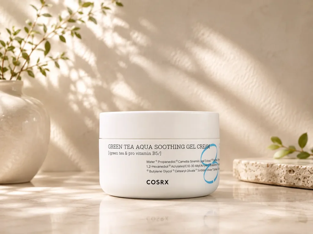 COSRX Hydrium Green Tea Aqua Soothing Gel Cream, a lightweight Korean moisturizer for oily skin