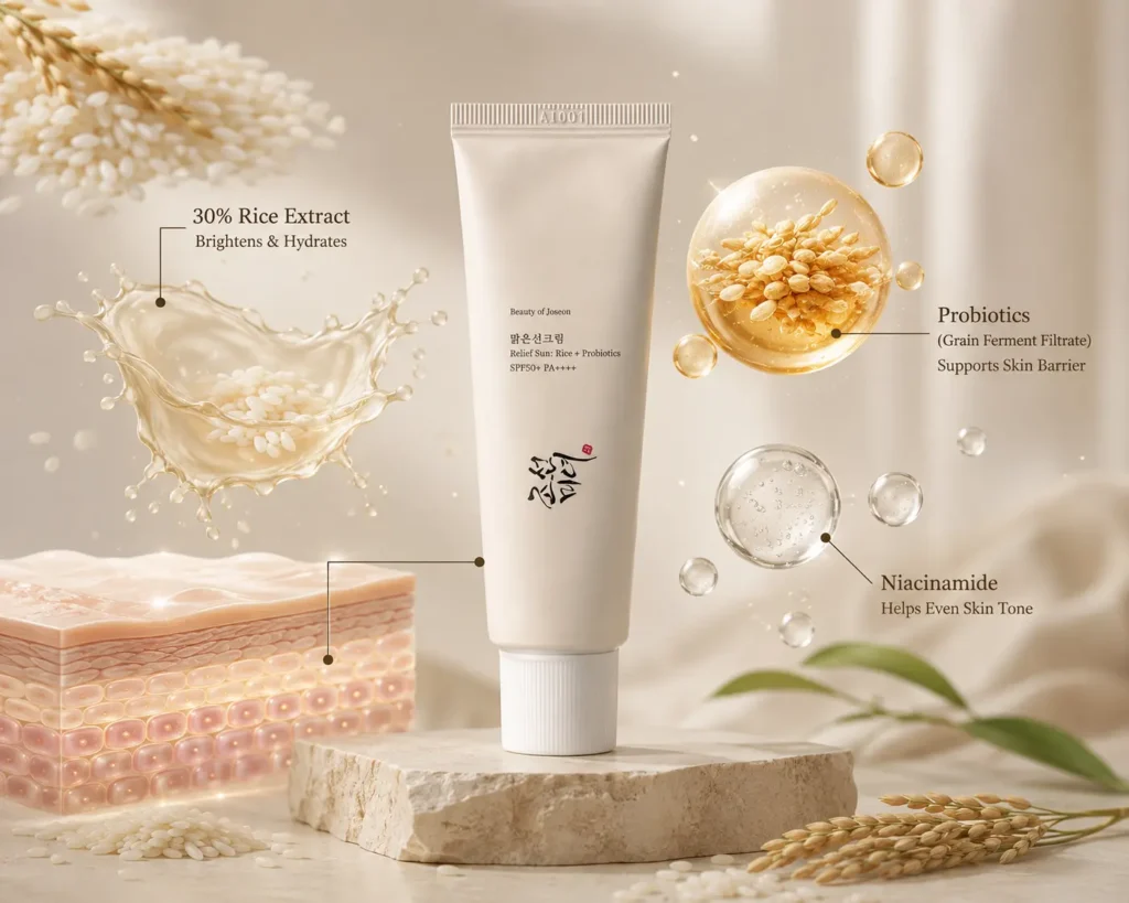 Beauty of Joseon Relief Sun Rice + Probiotics SPF50+ PA++++ ingredient infographic highlighting 30% rice extract, probiotics, and niacinamide