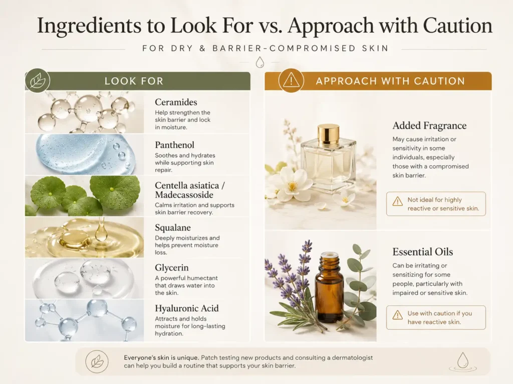 Korean skincare ingredients for dry skin, showing barrier-supporting ingredients to look for and fragrance to avoid