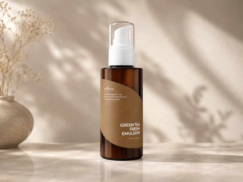 Isntree Green Tea Fresh Emulsion, a lightweight Korean moisturizer for oily skin with green tea