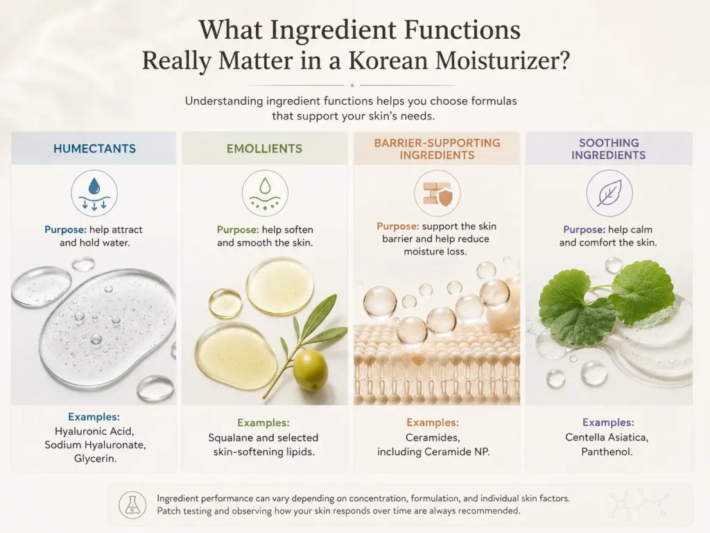 Korean moisturizer ingredient guide showing humectants, emollients, ceramides, and soothing ingredients