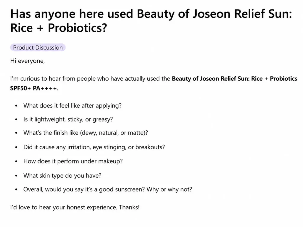 Reddit discussion about Beauty of Joseon Relief Sun Rice + Probiotics SPF50+ PA++++ reviews, texture, finish, and skin type