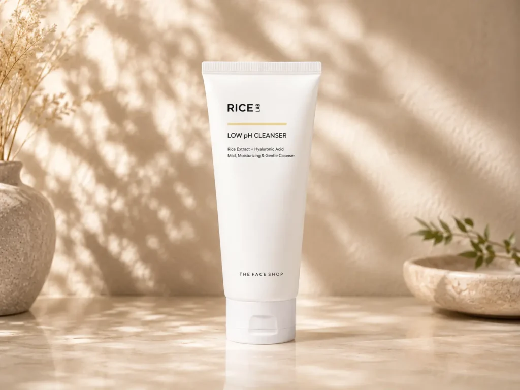 The Face Shop Rice Water Bright Low pH Cleanser in a white tube on a softly lit marble surface