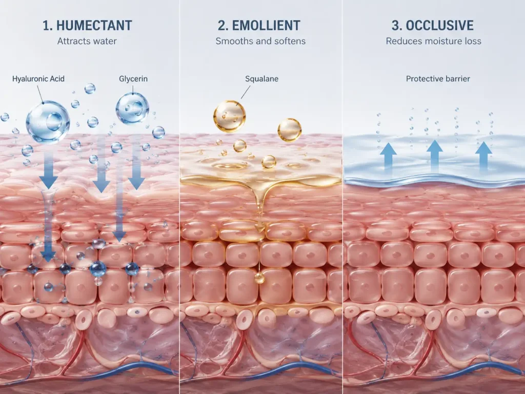 Humectants, emollients, and occlusives showing how moisturizers hydrate skin and reduce moisture loss