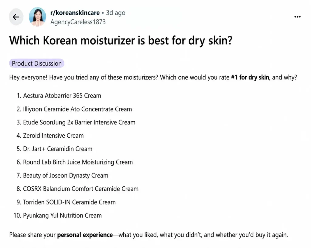 Reddit discussion comparing the best Korean moisturizers for dry skin, including 10 popular K-Beauty creams