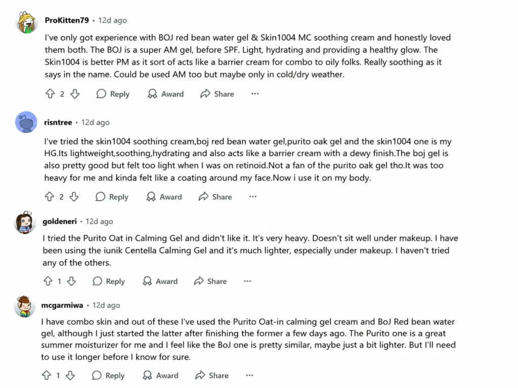 Reddit users compare Korean moisturizers for oily and combination skin, discussing lightweight gel creams and soothing formulas