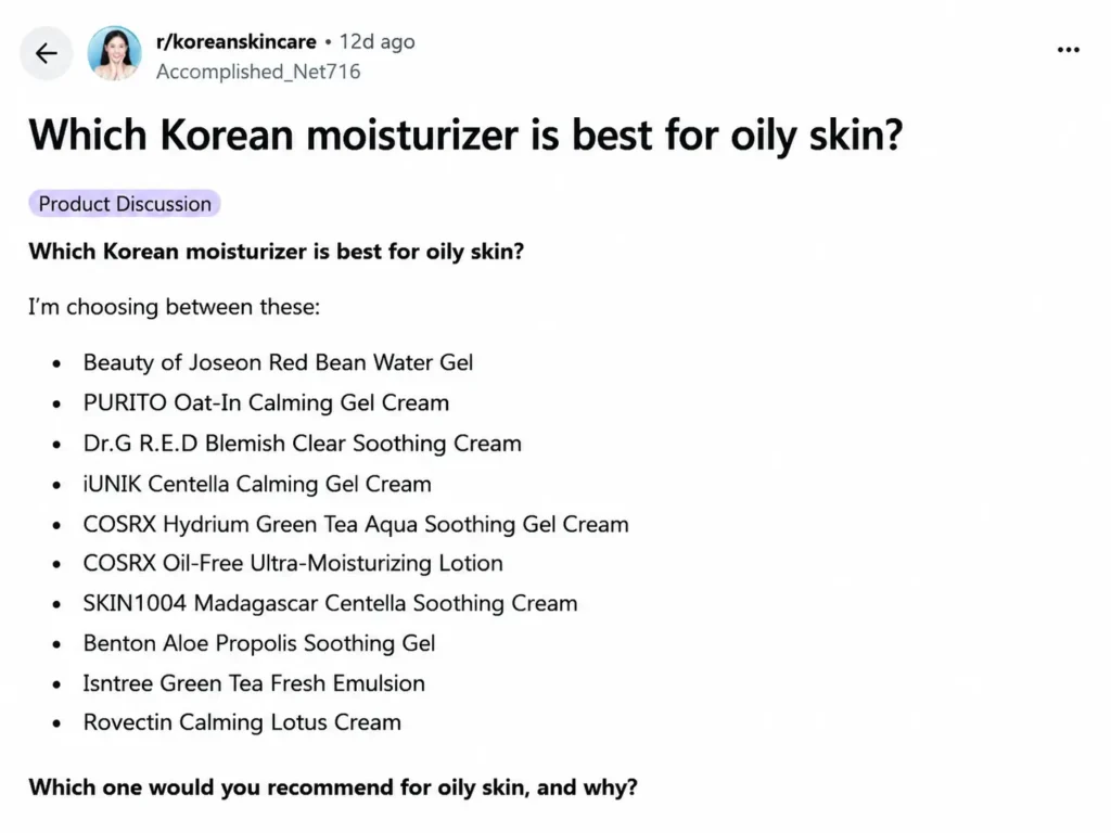 Reddit discussion comparing the best Korean moisturizer for oily skin, with 10 gel creams and soothing options