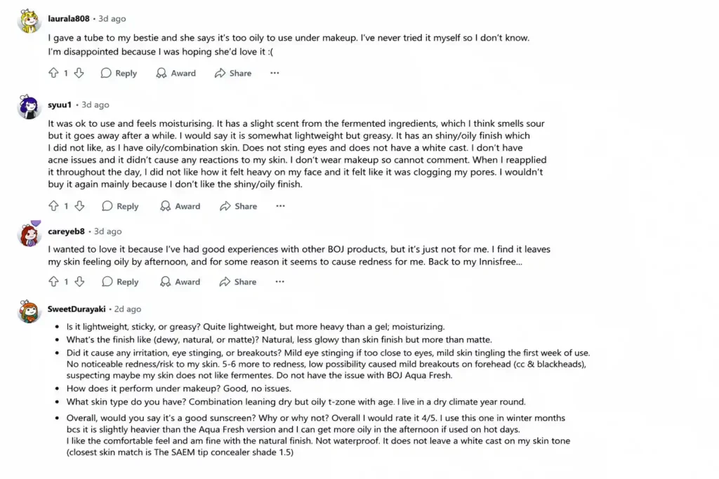 Reddit user reviews of Beauty of Joseon Relief Sun Rice + Probiotics SPF50+ PA++++ discussing finish, oiliness, makeup, and skin reactions